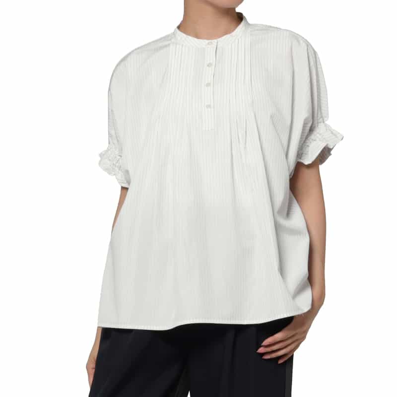 BARNEYS NEW YORK ウォッシャブル ストライプ柄ギャザースリーブ ハイネックブラウス WHITE