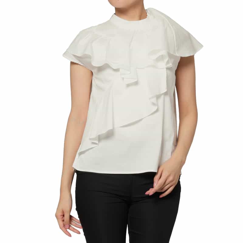 BARNEYS NEW YORK ラッフルデザイン ハイネックブラウス WHITE