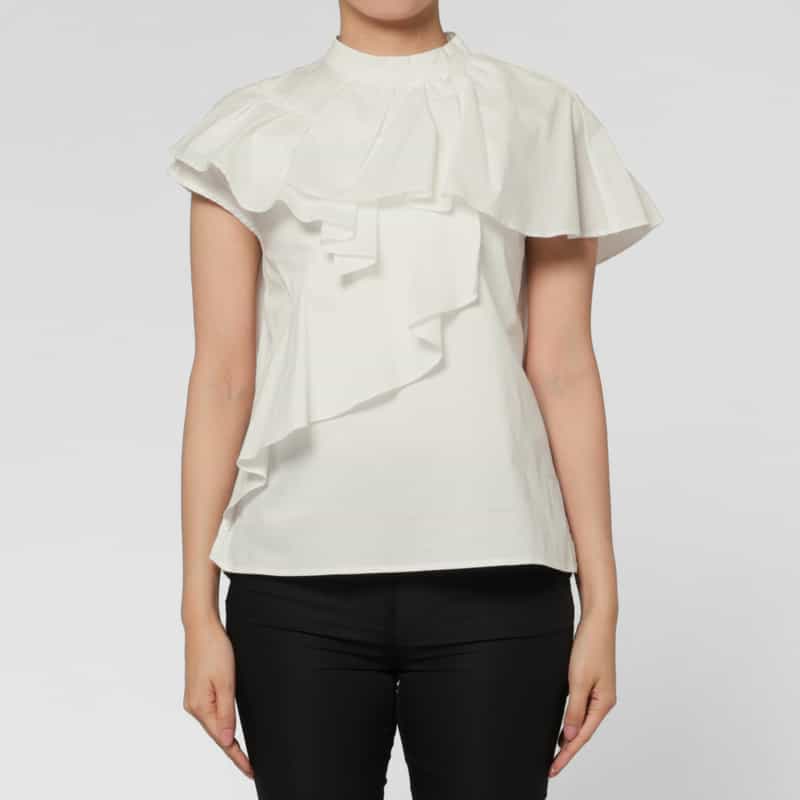 BARNEYS NEW YORK ラッフルデザイン ハイネックブラウス WHITE