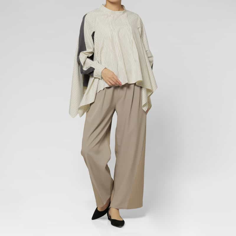 BARNEYS NEW YORK ウォッシャブル コンビネーション ランダムタックブラウス GRAY