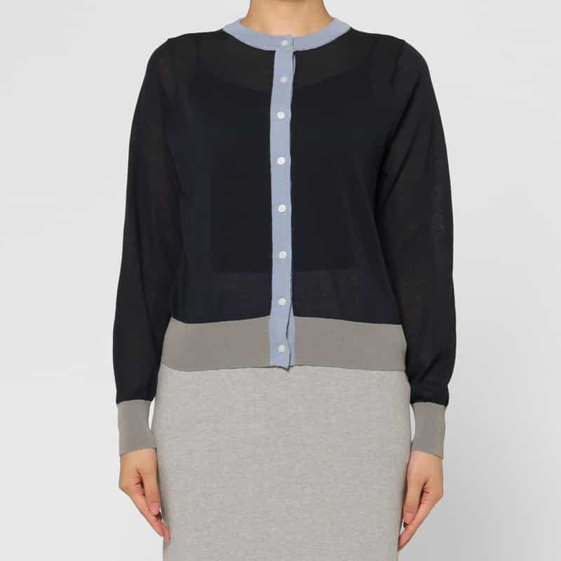 BARNEYS NEW YORK マルチカラーヘム クリーネックニットカーディガン NAVY