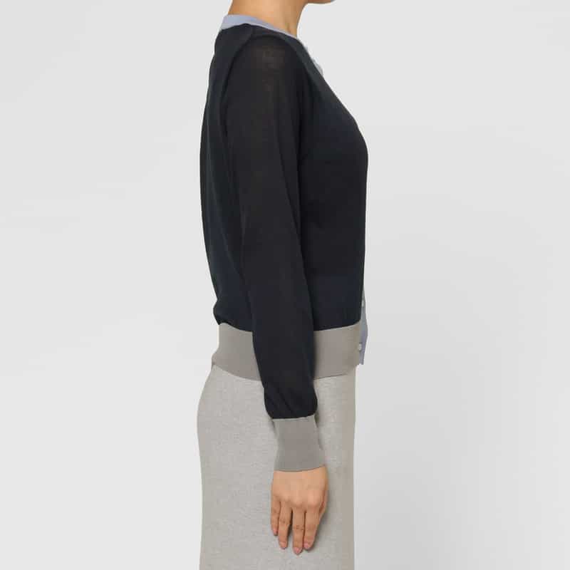 BARNEYS NEW YORK マルチカラーヘム クリーネックニットカーディガン NAVY