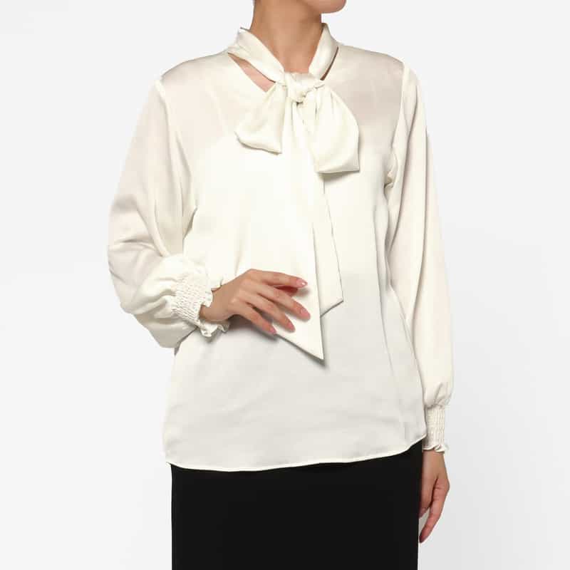 BARNEYS NEW YORK ウォッシャブル 前後2WAYボウタイブラウス WHITE