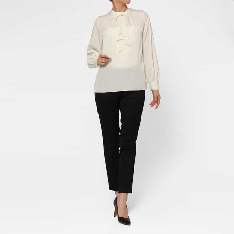 BARNEYS NEW YORK ウォッシャブル ネックフリルデザイン ジョーゼットブラウス WHITE