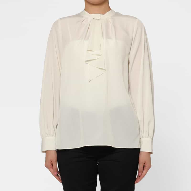 BARNEYS NEW YORK ウォッシャブル ネックフリルデザイン ジョーゼットブラウス WHITE