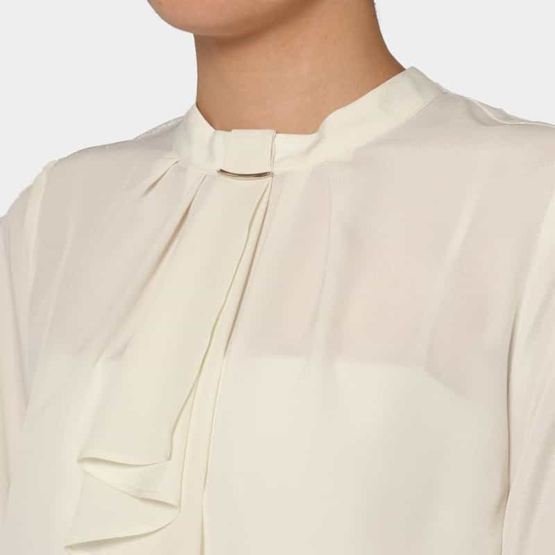 BARNEYS NEW YORK ウォッシャブル ネックフリルデザイン ジョーゼットブラウス WHITE