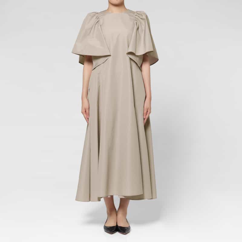 BARNEYS NEW YORK ウォッシャブル グログラン素材フレアスリーブ ロングドレス BEIGE