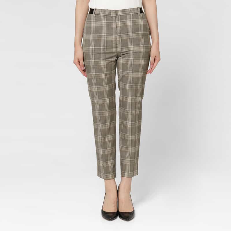 BARNEYS NEW YORK ウォッシャブル バックウエストゴム グレンチェック柄 テーパードパンツ BEIGE