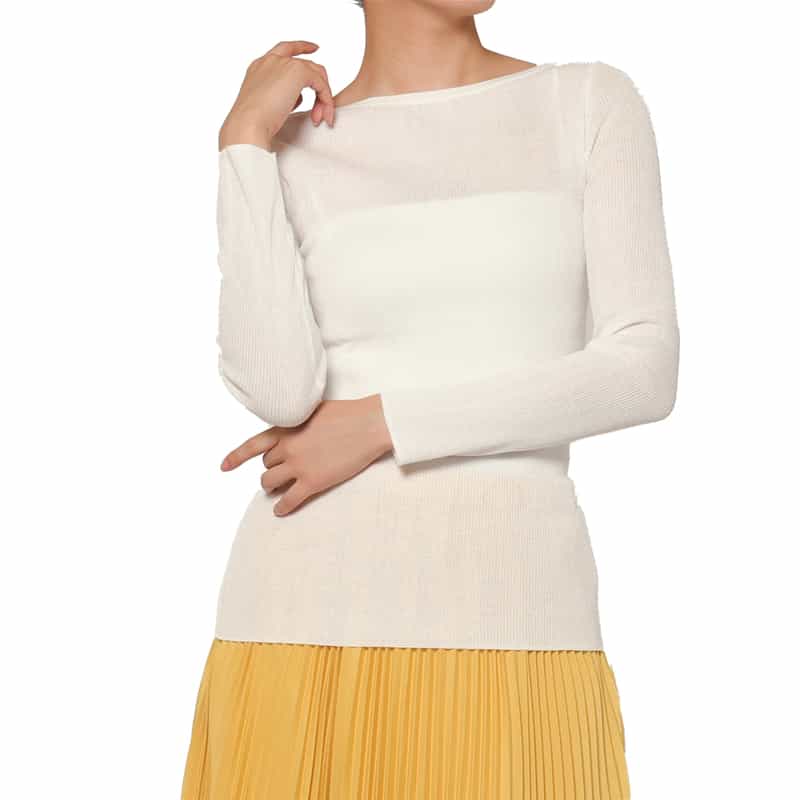BARNEYS NEW YORK ウォッシャブル ボートネック シアーリブニットプルオーバー WHITE