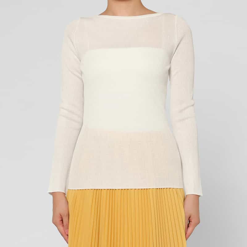 BARNEYS NEW YORK ウォッシャブル ボートネック シアーリブニットプルオーバー WHITE