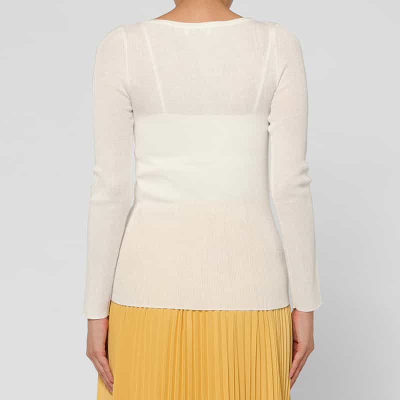 BARNEYS NEW YORK ウォッシャブル ボートネック シアーリブニットプルオーバー WHITE