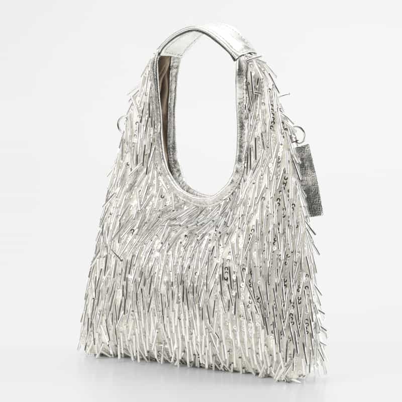BARNEYS NEW YORK ビーズフリンジ ミニハンドバッグ SILVER