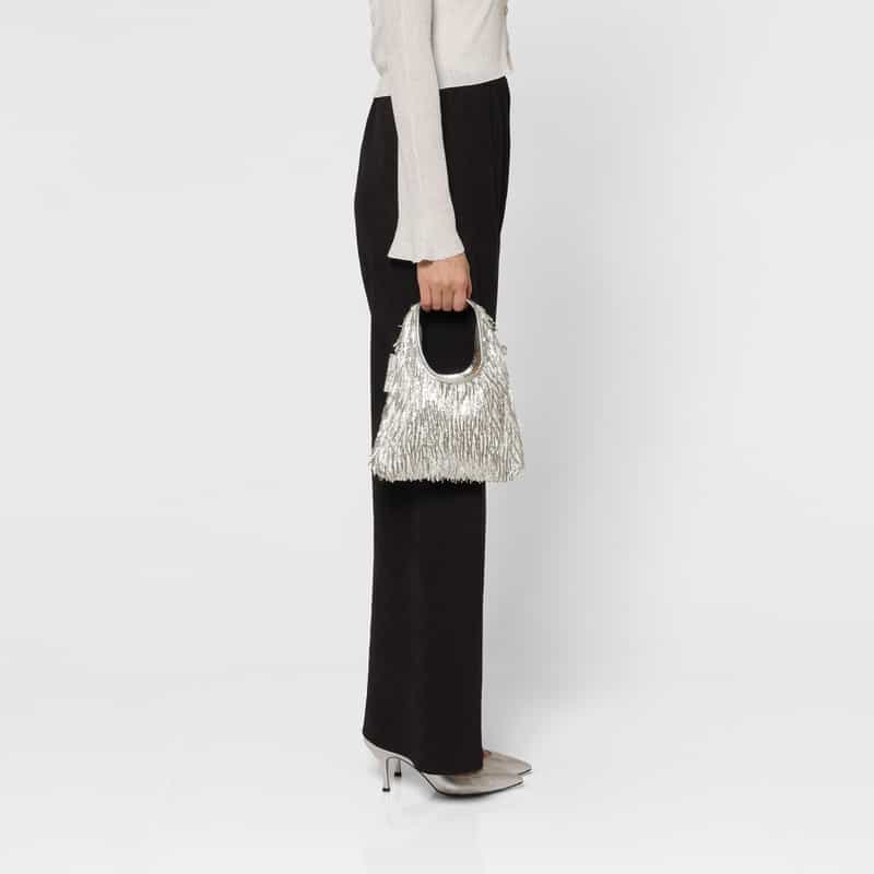 BARNEYS NEW YORK ビーズフリンジ ミニハンドバッグ SILVER