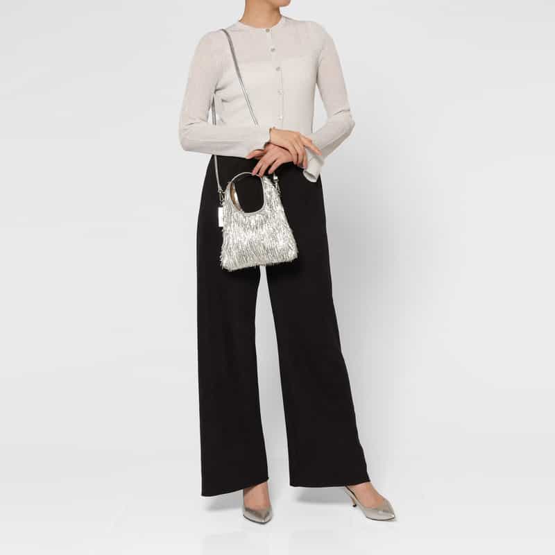 BARNEYS NEW YORK ビーズフリンジ ミニハンドバッグ SILVER