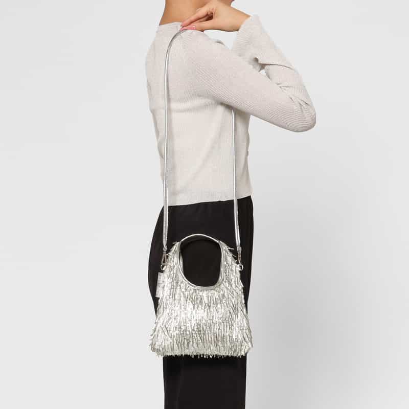 BARNEYS NEW YORK ビーズフリンジ ミニハンドバッグ SILVER