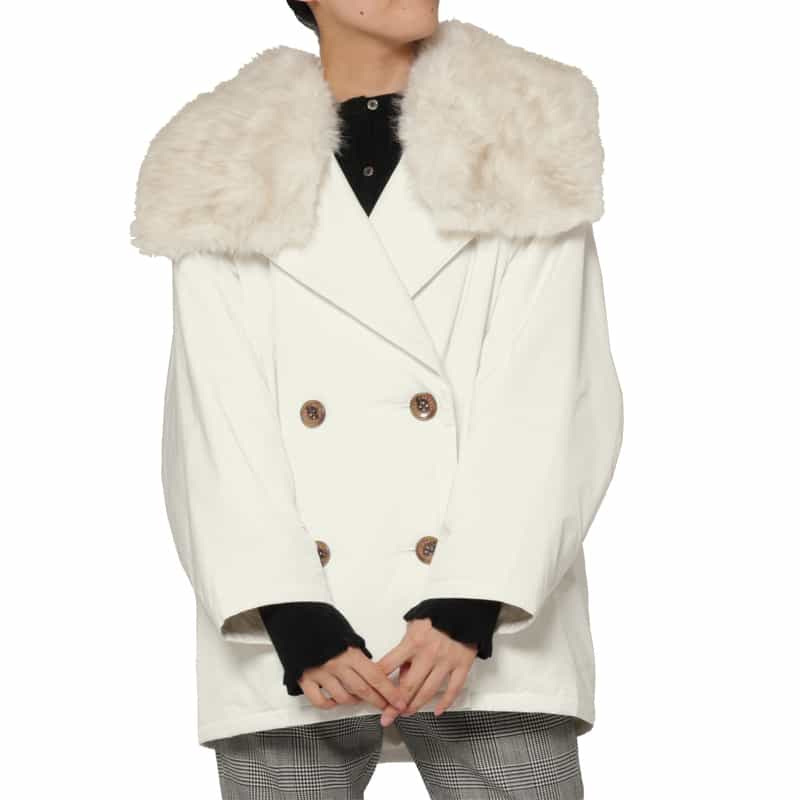 BARNEYS NEW YORK フェイクファー襟付き中綿入りダブルブレストコート WHITE