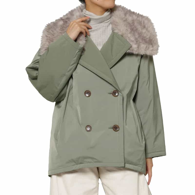 BARNEYS NEW YORK フェイクファー襟付き中綿入りダブルブレストコート KHAKI