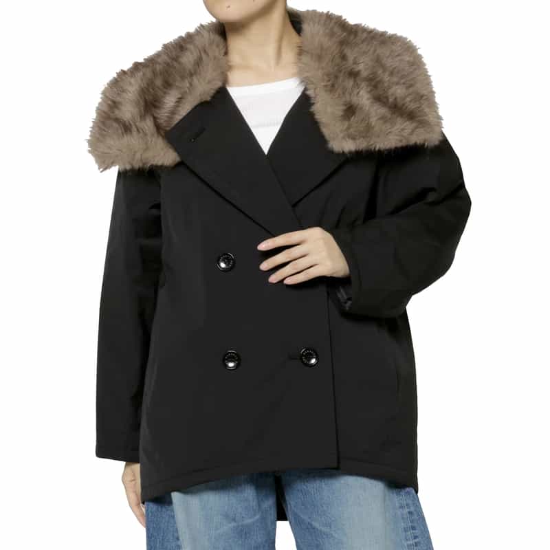 BARNEYS NEW YORK フェイクファー襟付き中綿入りダブルブレストコート BLACK