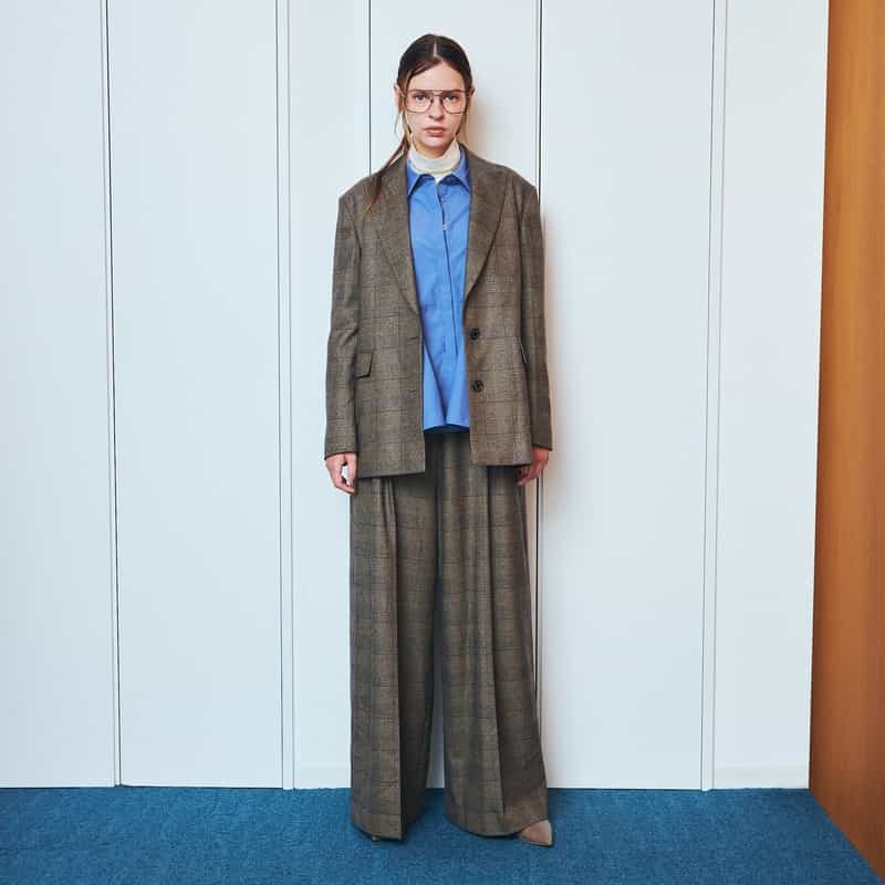 BARNEYS NEW YORK セットアップ グレンチェック柄サイドベルトワイドパンツ BROWN