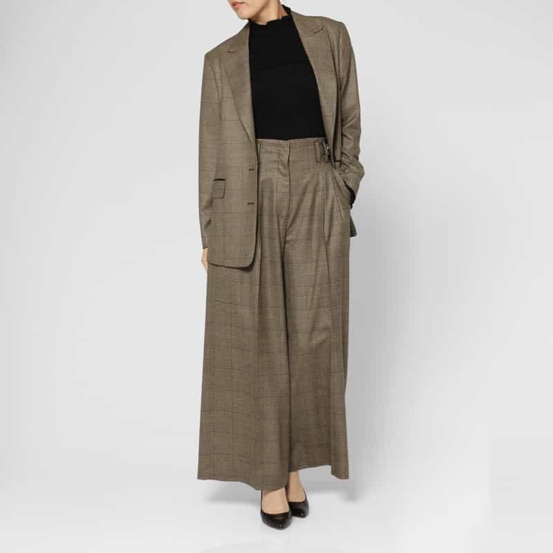 BARNEYS NEW YORK セットアップ グレンチェック柄サイドベルトワイドパンツ BROWN