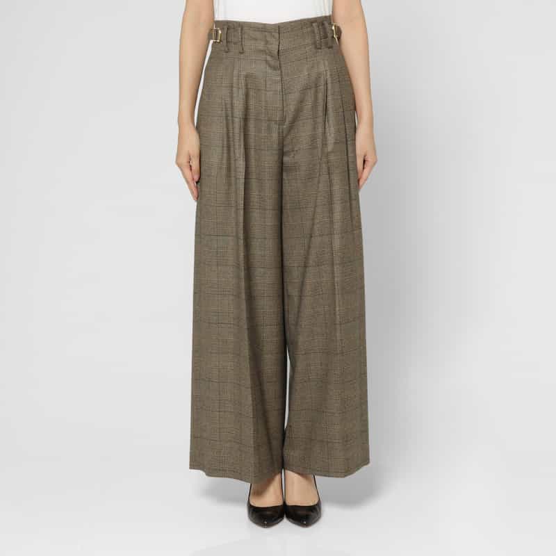 BARNEYS NEW YORK セットアップ グレンチェック柄サイドベルトワイドパンツ BROWN