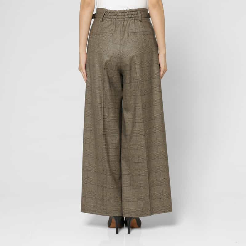 BARNEYS NEW YORK セットアップ グレンチェック柄サイドベルトワイドパンツ BROWN