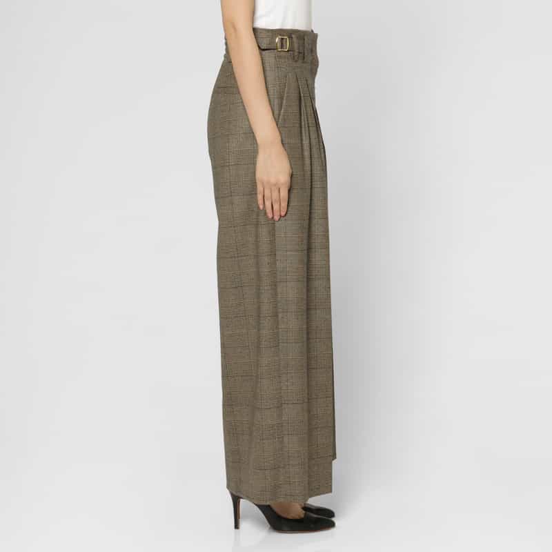 BARNEYS NEW YORK セットアップ グレンチェック柄サイドベルトワイドパンツ BROWN