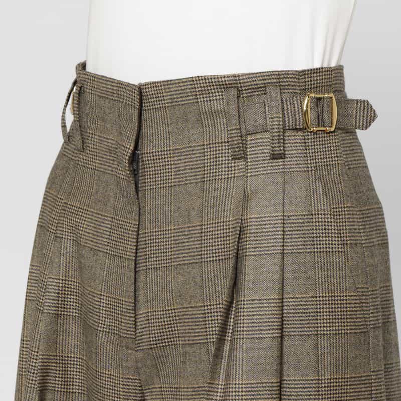 BARNEYS NEW YORK セットアップ グレンチェック柄サイドベルトワイドパンツ BROWN