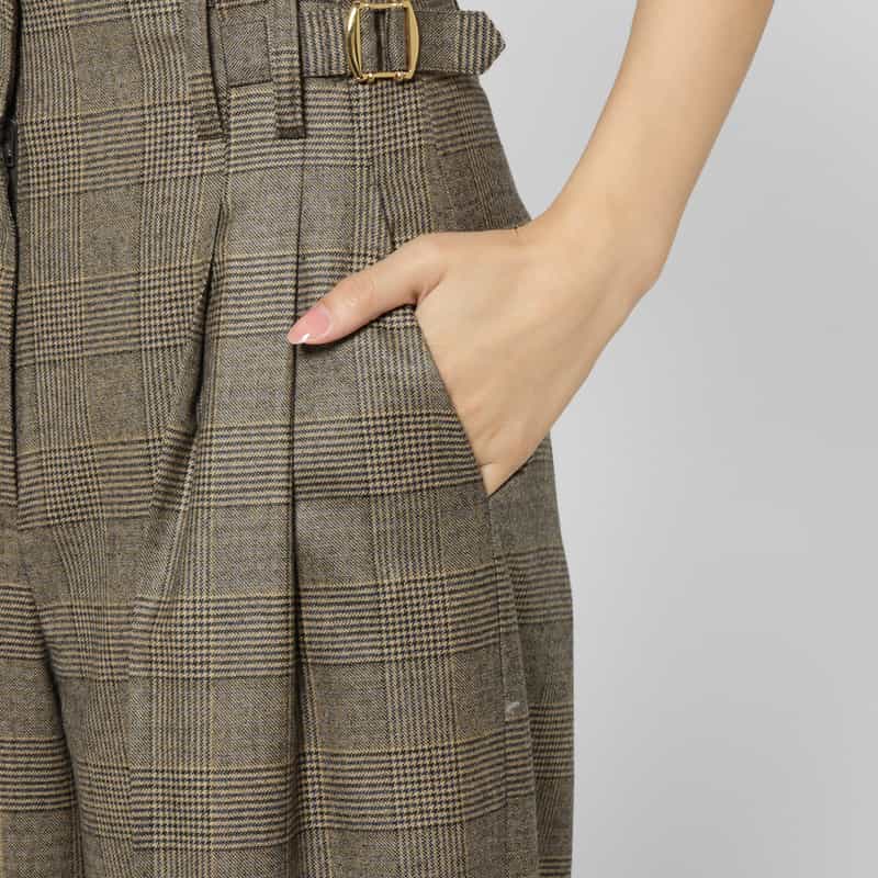 BARNEYS NEW YORK セットアップ グレンチェック柄サイドベルトワイドパンツ BROWN