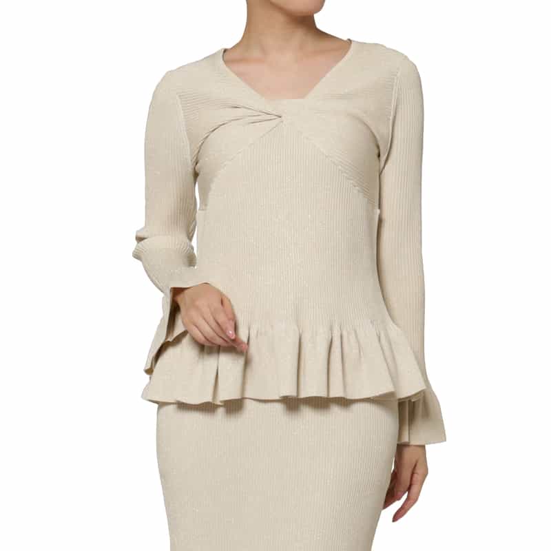 BARNEYS NEW YORK ウォッシャブル ツイストデザイン フリルヘム ラメニットプルオーバー WHITE