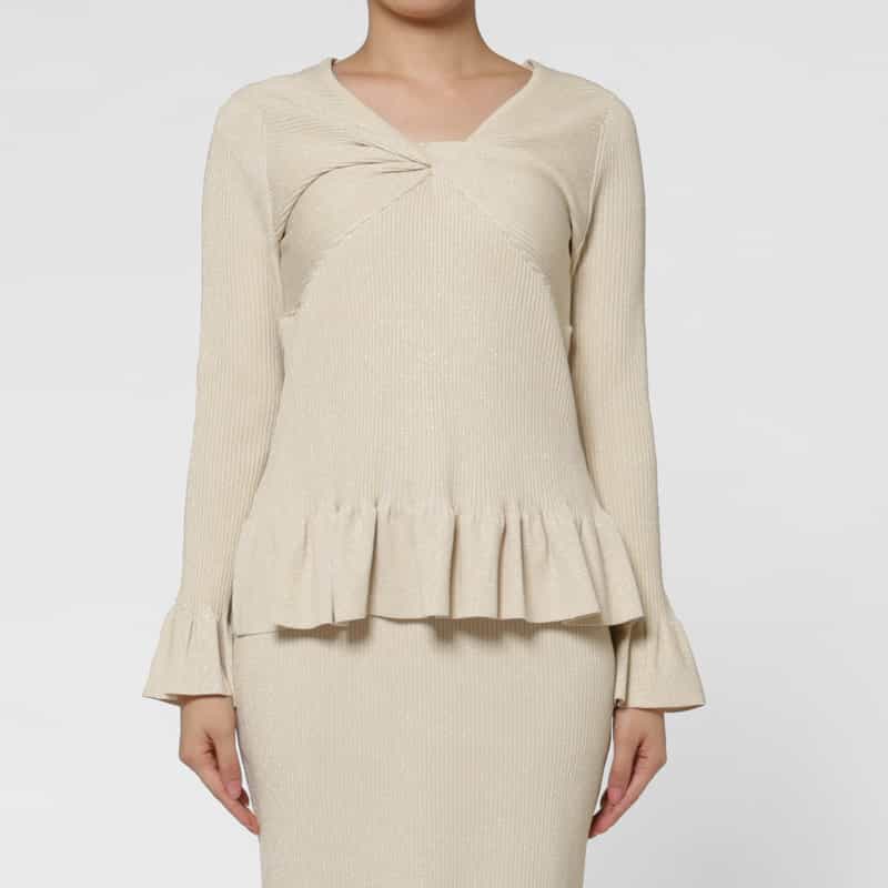 BARNEYS NEW YORK ウォッシャブル ツイストデザイン フリルヘム ラメニットプルオーバー WHITE