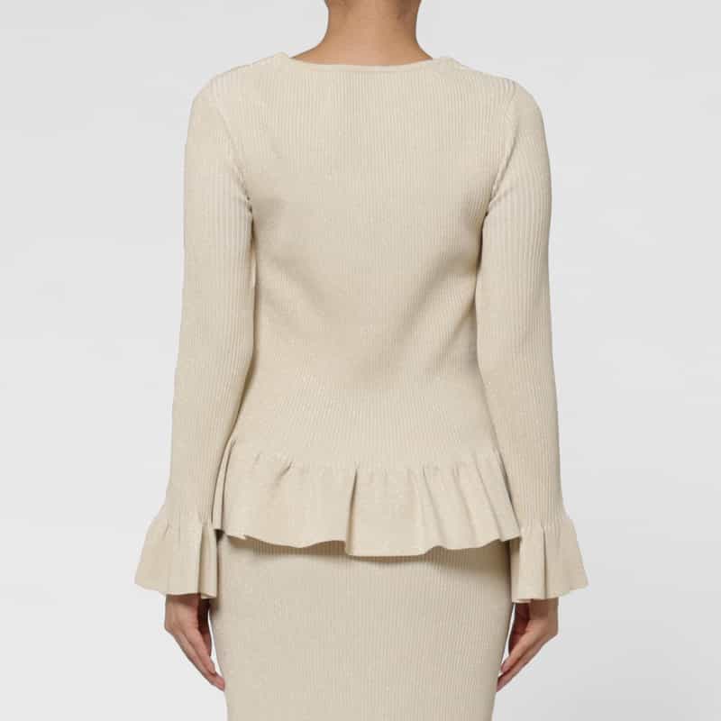BARNEYS NEW YORK ウォッシャブル ツイストデザイン フリルヘム ラメニットプルオーバー WHITE