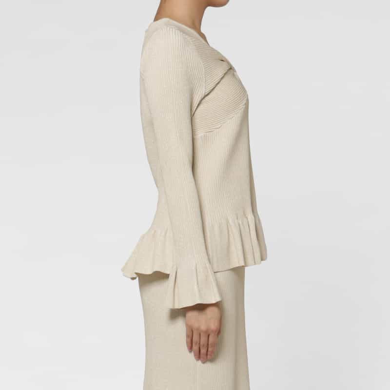 BARNEYS NEW YORK ウォッシャブル ツイストデザイン フリルヘム ラメニットプルオーバー WHITE