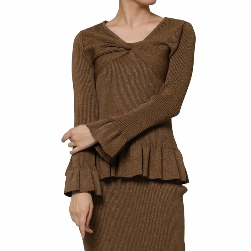 BARNEYS NEW YORK ウォッシャブル ツイストデザイン フリルヘム ラメニットプルオーバー BEIGE