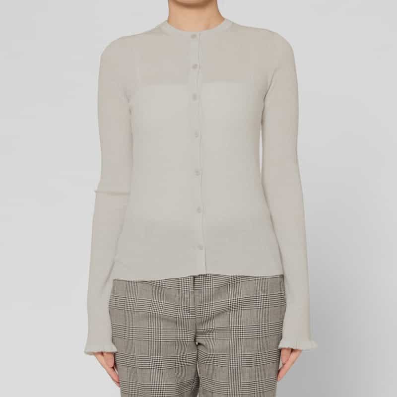 BARNEYS NEW YORK カシミヤ混シアーラメリブニットカーディガン WHITE