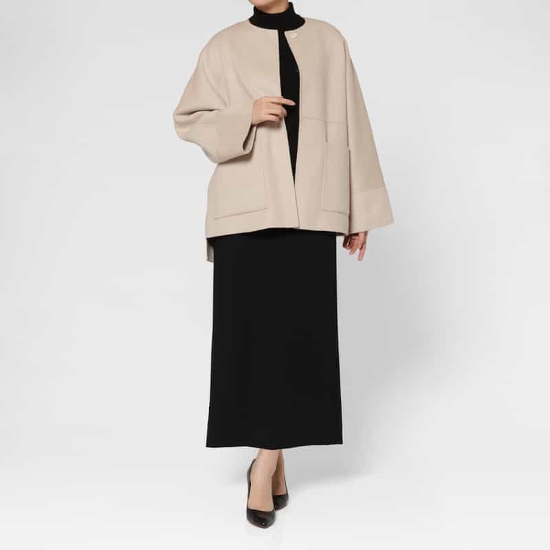 BARNEYS NEW YORK ウール混ダブルフェイス ノーカラーコート LT BEIGE