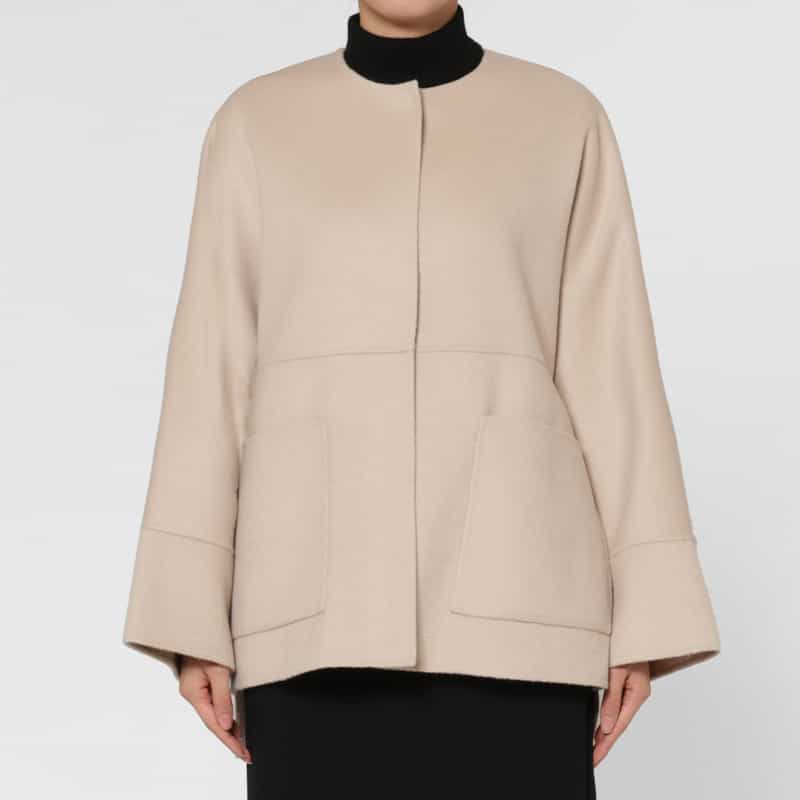 BARNEYS NEW YORK ウール混ダブルフェイス ノーカラーコート LT BEIGE
