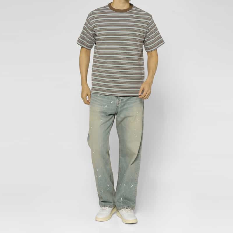 BARNEYS NEW YORK リブボーダー柄ニットTシャツ LIGHT BLUE