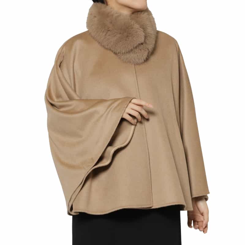 BARNEYS NEW YORK フォックスファー付け襟付きカシミヤケープコート CAMEL