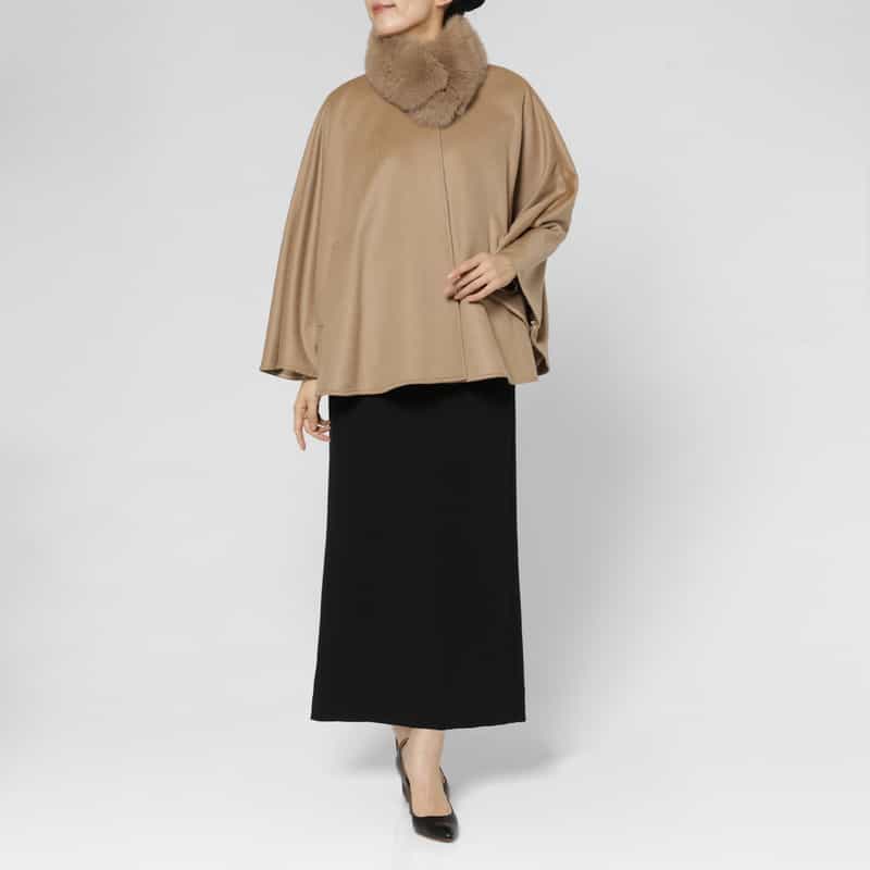 BARNEYS NEW YORK フォックスファー付け襟付きカシミヤケープコート CAMEL