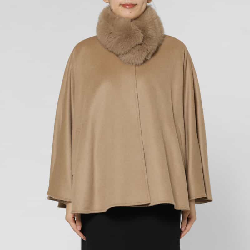 BARNEYS NEW YORK フォックスファー付け襟付きカシミヤケープコート CAMEL