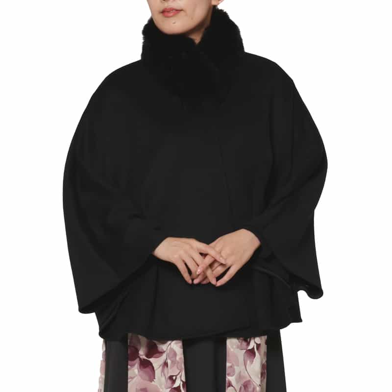 BARNEYS NEW YORK フォックスファー付け襟付きカシミヤケープコート BLACK