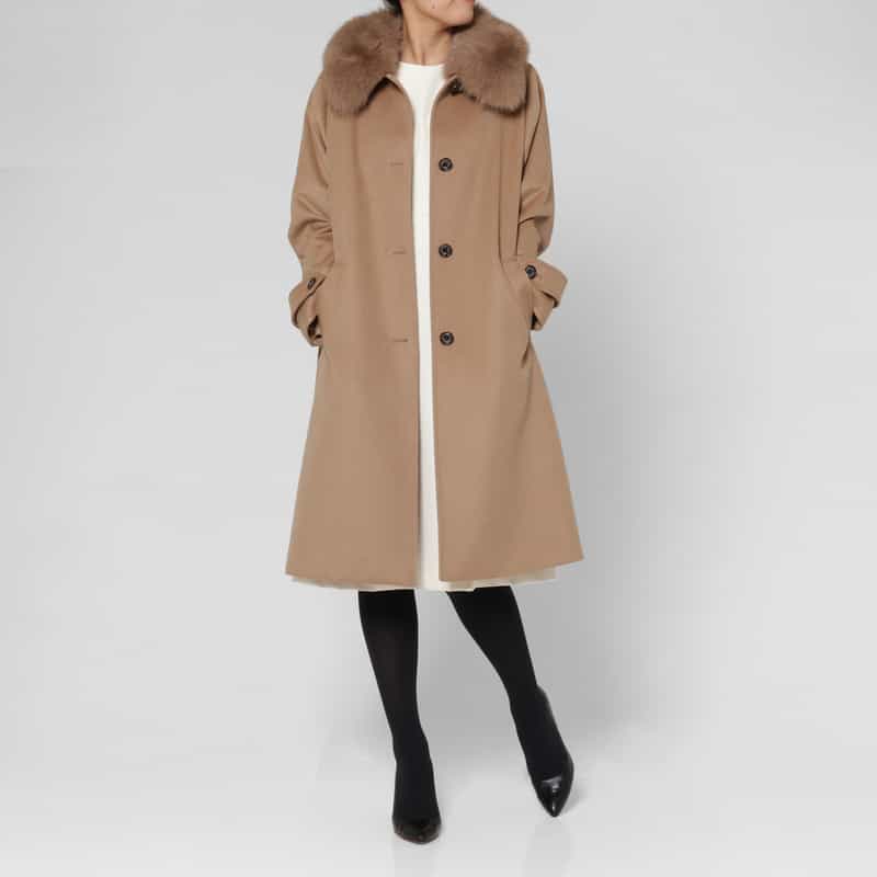 BARNEYS NEW YORK フォックスファー付け襟付きカシミヤステンカラーコート CAMEL