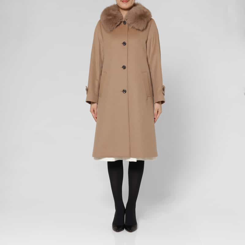BARNEYS NEW YORK フォックスファー付け襟付きカシミヤステンカラーコート CAMEL