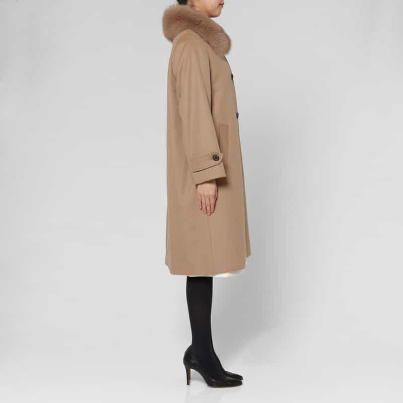 BARNEYS NEW YORK フォックスファー付け襟付きカシミヤステンカラーコート CAMEL