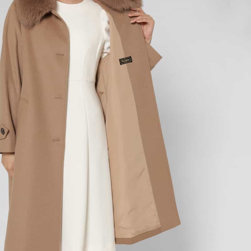 BARNEYS NEW YORK フォックスファー付け襟付きカシミヤステンカラーコート CAMEL