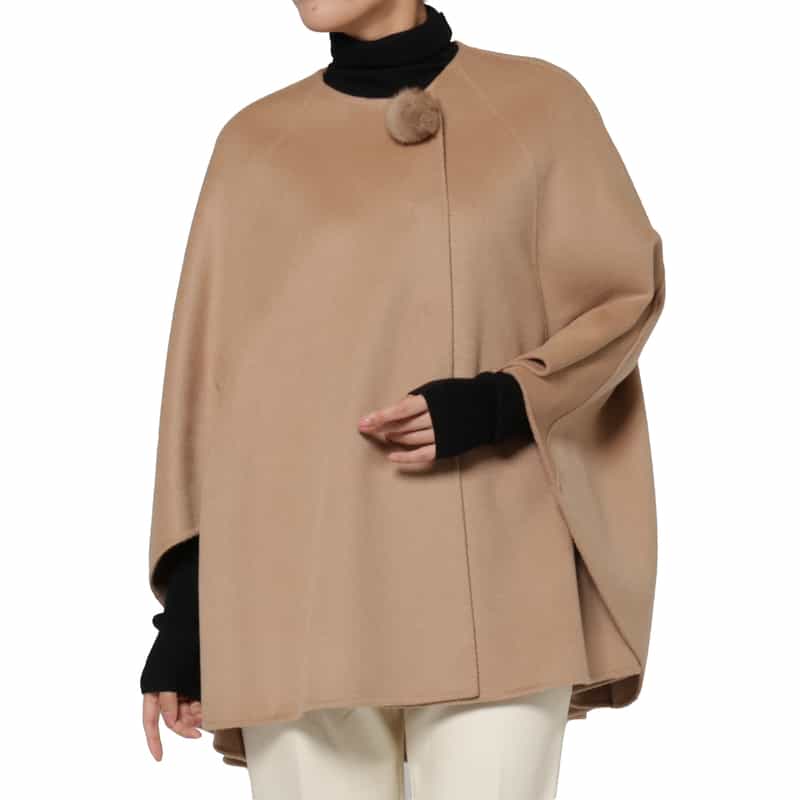 BARNEYS NEW YORK ポンポンファー付き ダブルフェイス ケープコート CAMEL