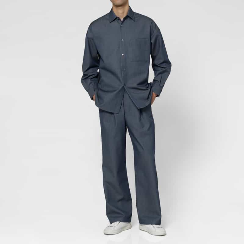 BARNEYS NEW YORK ウールギャバジンオーバーフィットカジュアルシャツ BLUE
