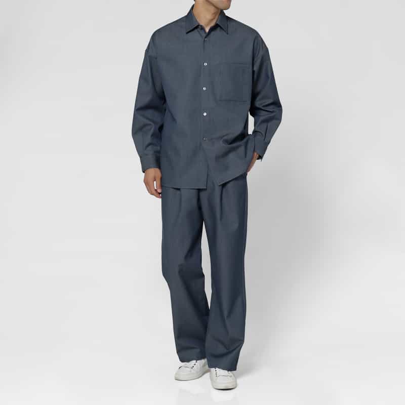 BARNEYS NEW YORK ドローコード付きウールギャバジンワイドパンツ BLUE