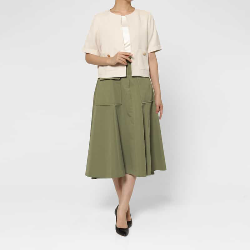 BARNEYS NEW YORK ウォッシャブル ダブルフラップポケット フレアスカート KHAKI